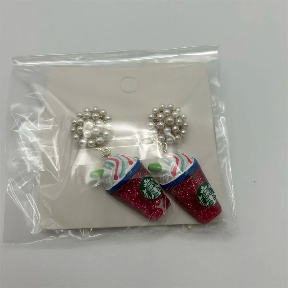 Fun Novelty Faux Pearl Textured Frappuccino Coffee Theme Stud Dangle Earrings
